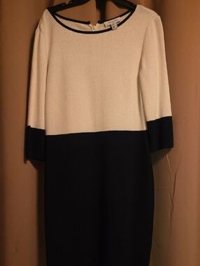 St. John Two-Tone Cream and Black Midi Dress